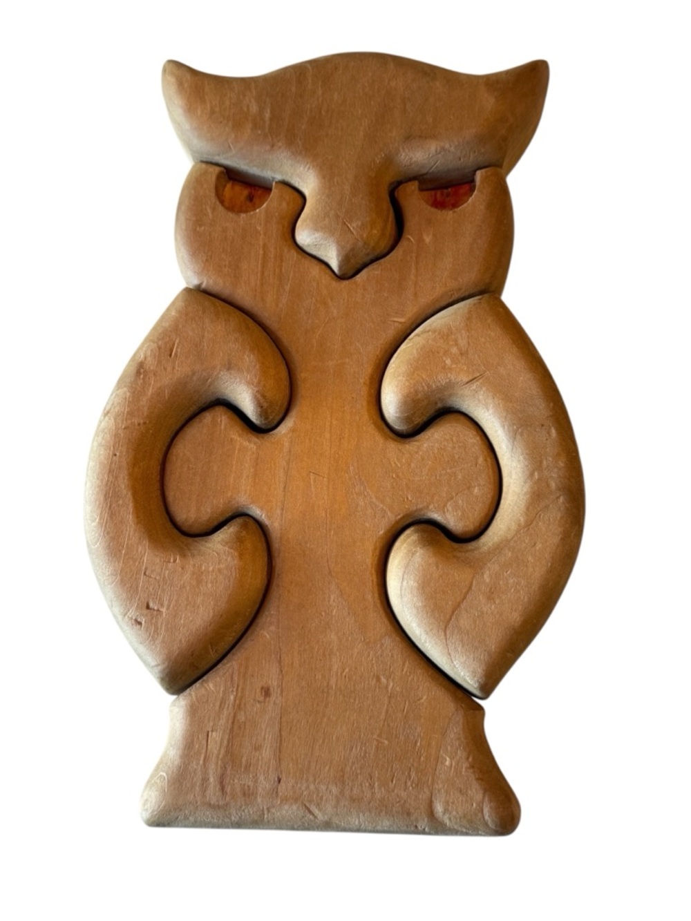 Vintage 70s Carved Wooden Owl Thick Brown Puzzle Table Accent